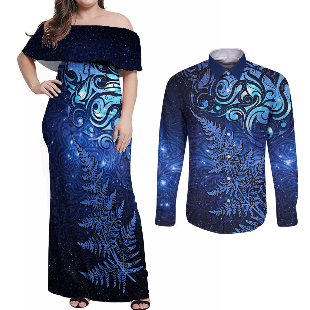 New Zealand Matariki Couples Matching Off Shoulder Maxi Dress and Long Sleeve Button Shirt Maori Pattern and Silver Fern LT03 Blue - Polynesian Pride