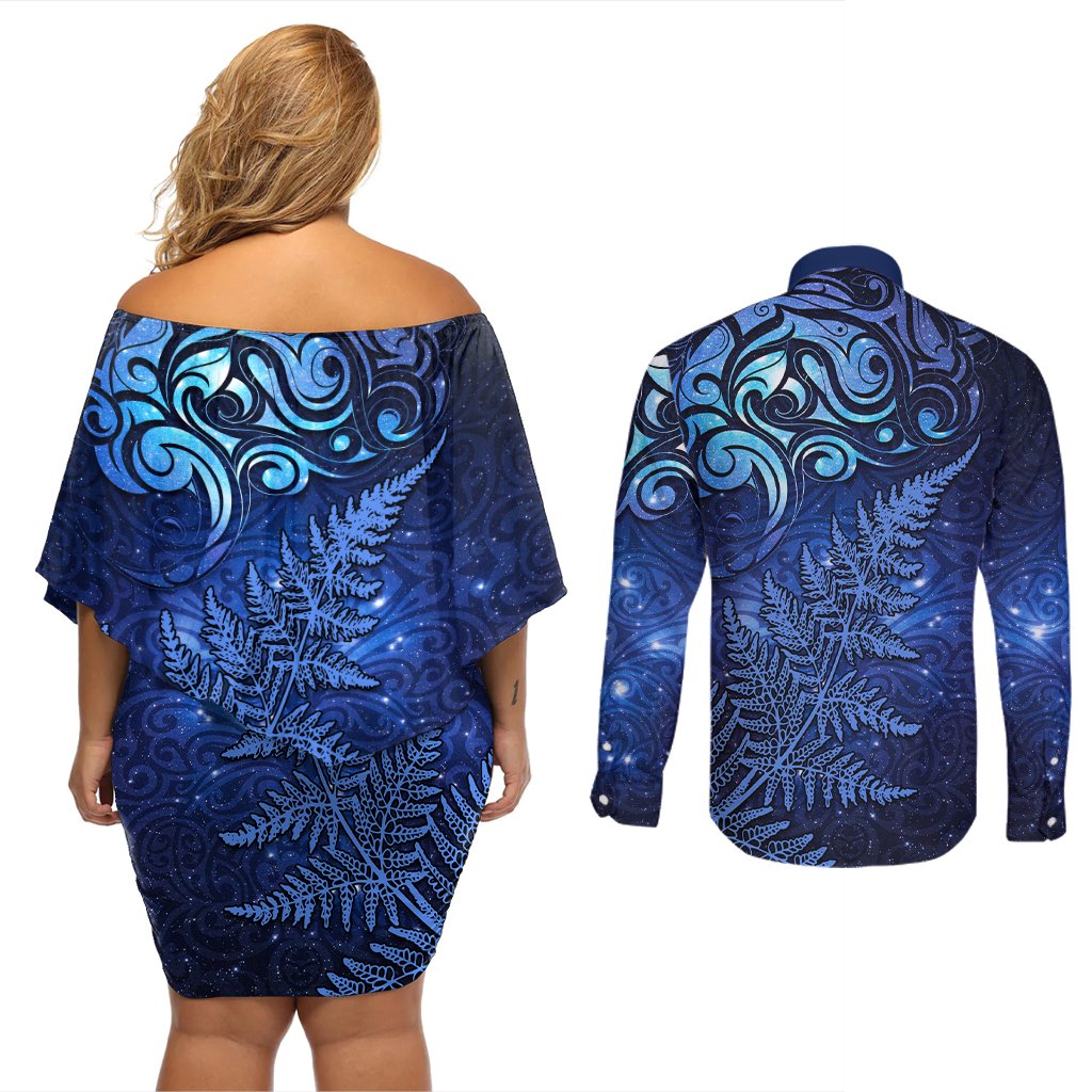 New Zealand Matariki Couples Matching Off Shoulder Short Dress and Long Sleeve Button Shirt Maori Pattern and Silver Fern LT03 - Polynesian Pride