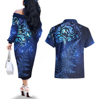 New Zealand Matariki Couples Matching Off The Shoulder Long Sleeve Dress and Hawaiian Shirt Maori Pattern and Silver Fern LT03 - Polynesian Pride