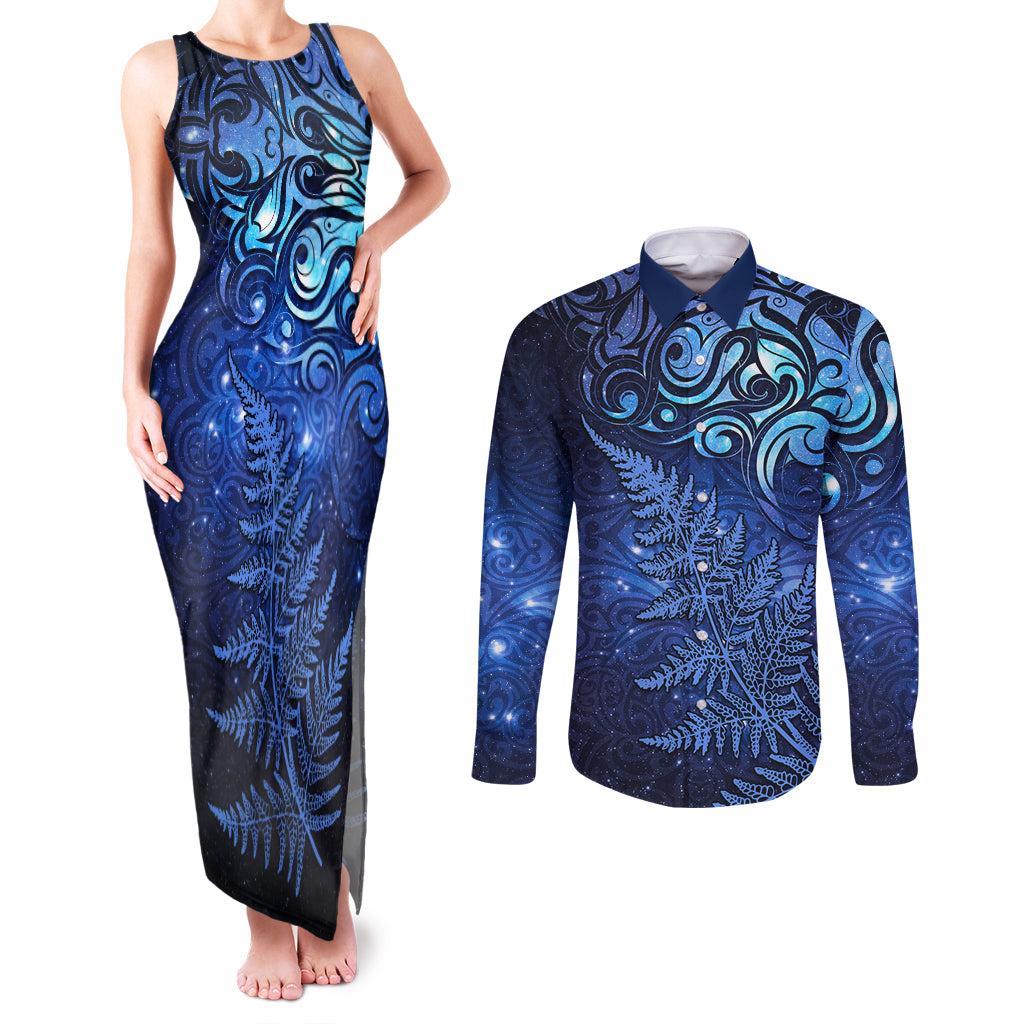 New Zealand Matariki Couples Matching Tank Maxi Dress and Long Sleeve Button Shirt Maori Pattern and Silver Fern LT03 Blue - Polynesian Pride