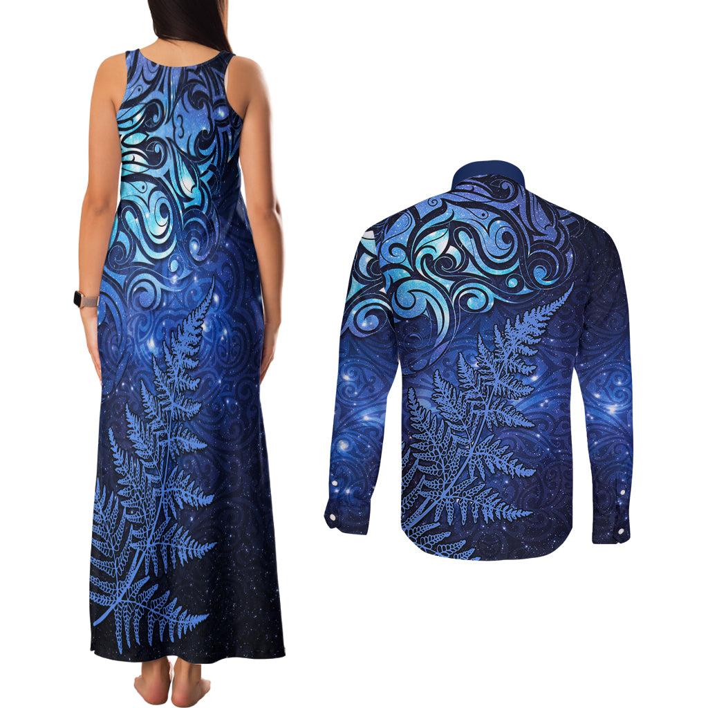 New Zealand Matariki Couples Matching Tank Maxi Dress and Long Sleeve Button Shirt Maori Pattern and Silver Fern LT03 - Polynesian Pride