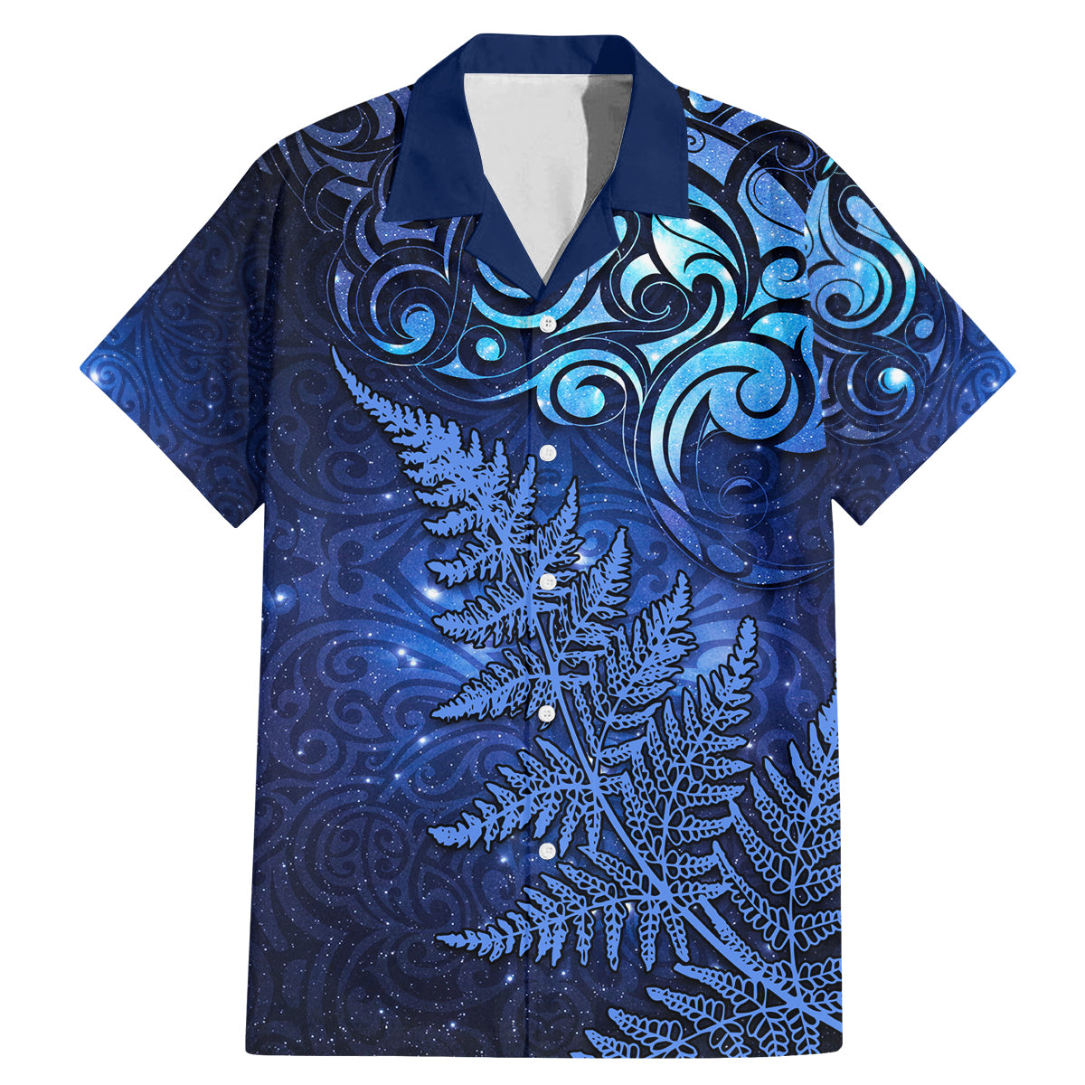 New Zealand Matariki Family Matching Mermaid Dress and Hawaiian Shirt Maori Pattern and Silver Fern LT03 Dad's Shirt - Short Sleeve Blue - Polynesian Pride