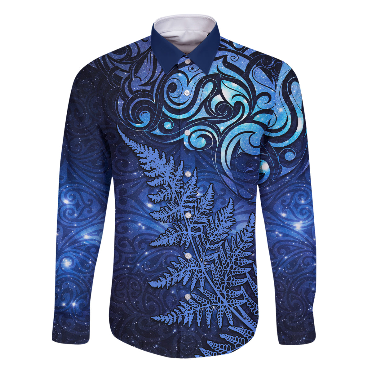 New Zealand Matariki Family Matching Mermaid Dress and Hawaiian Shirt Maori Pattern and Silver Fern LT03 Dad's Shirt - Long Sleeve Blue - Polynesian Pride