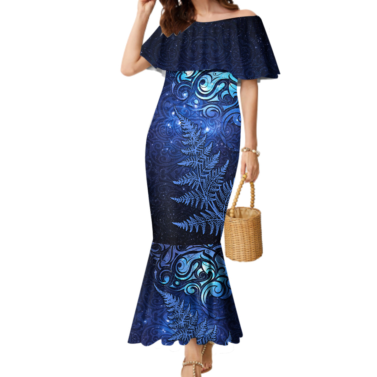 New Zealand Matariki Family Matching Mermaid Dress and Hawaiian Shirt Maori Pattern and Silver Fern LT03 Mom's Dress Blue - Polynesian Pride