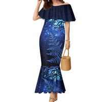 New Zealand Matariki Family Matching Mermaid Dress and Hawaiian Shirt Maori Pattern and Silver Fern LT03 Mom's Dress Blue - Polynesian Pride