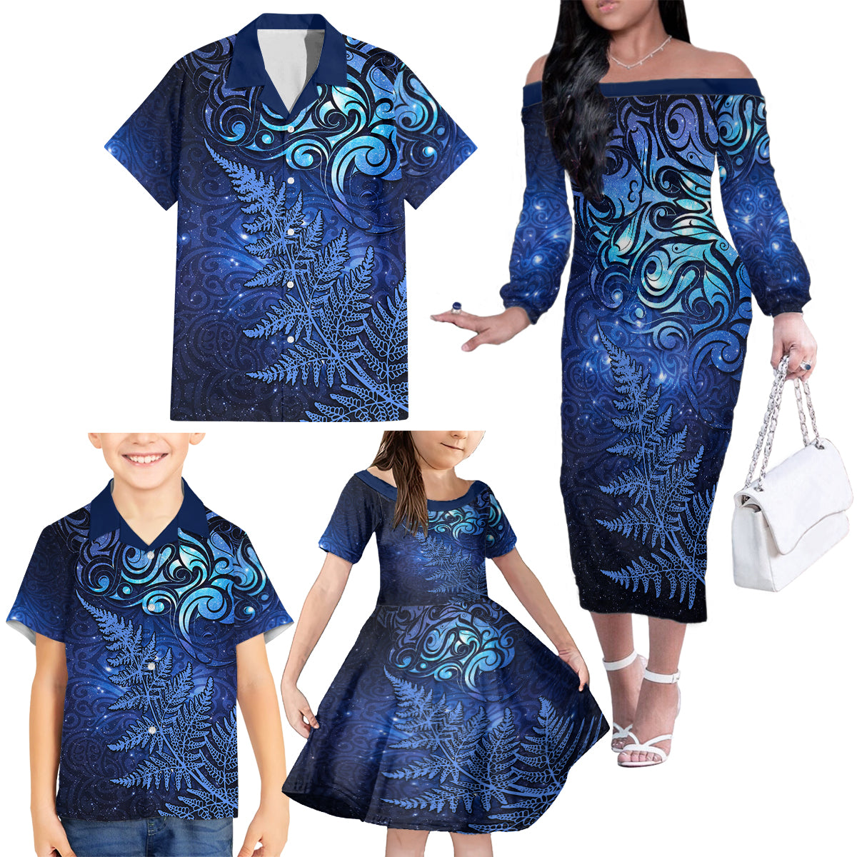 New Zealand Matariki Family Matching Off The Shoulder Long Sleeve Dress and Hawaiian Shirt Maori Pattern and Silver Fern LT03 - Polynesian Pride