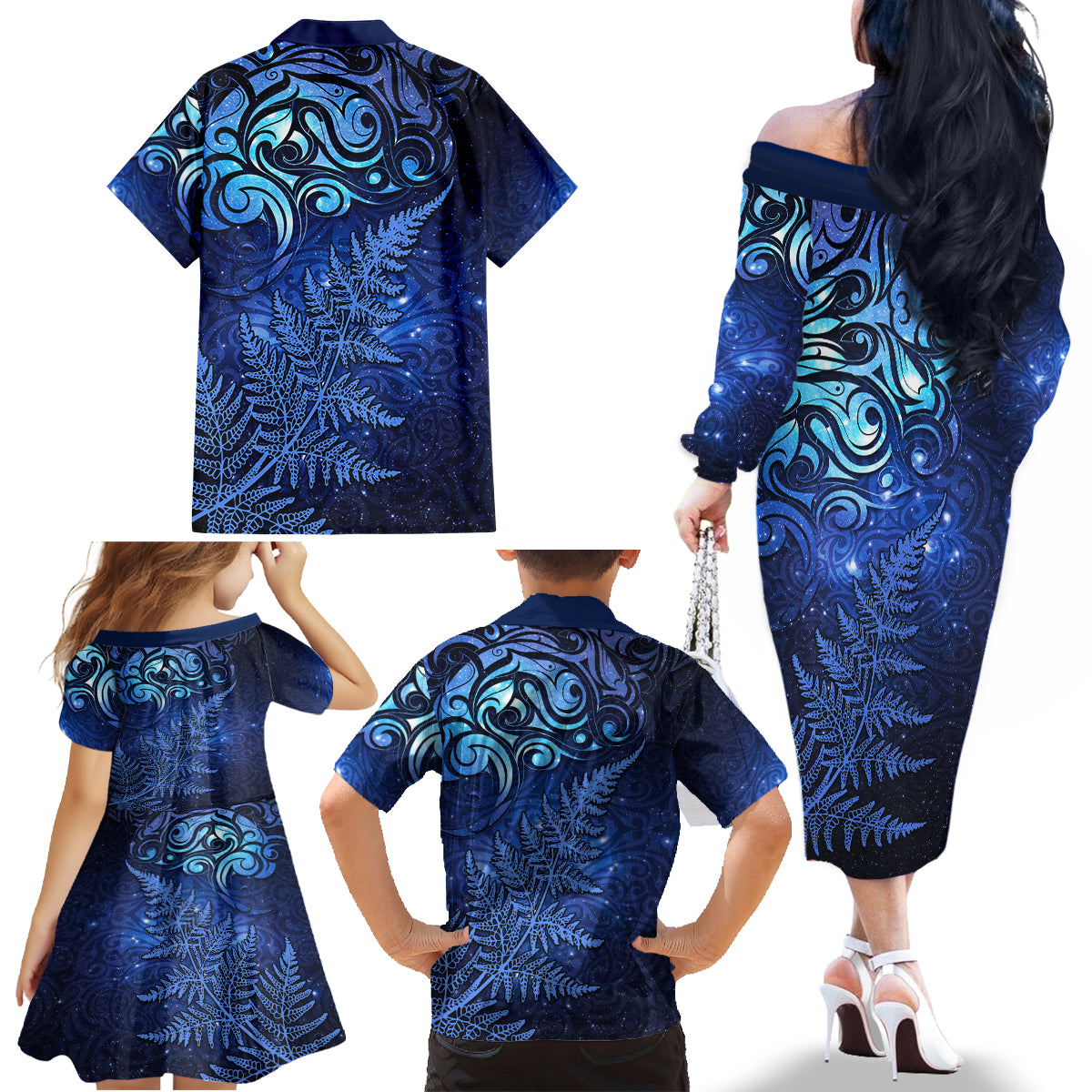 New Zealand Matariki Family Matching Off The Shoulder Long Sleeve Dress and Hawaiian Shirt Maori Pattern and Silver Fern LT03 - Polynesian Pride