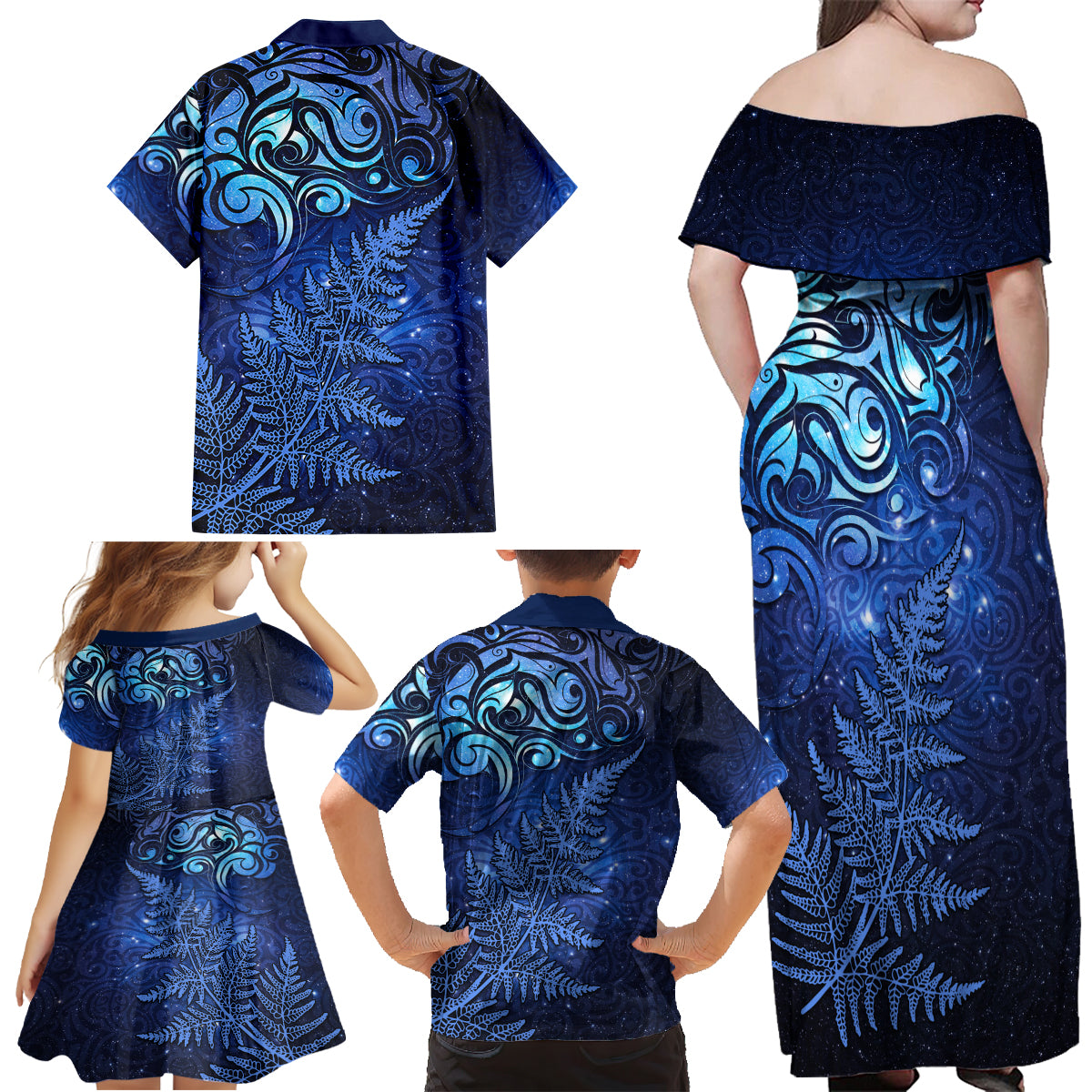 New Zealand Matariki Family Matching Off Shoulder Maxi Dress and Hawaiian Shirt Maori Pattern and Silver Fern LT03 - Polynesian Pride