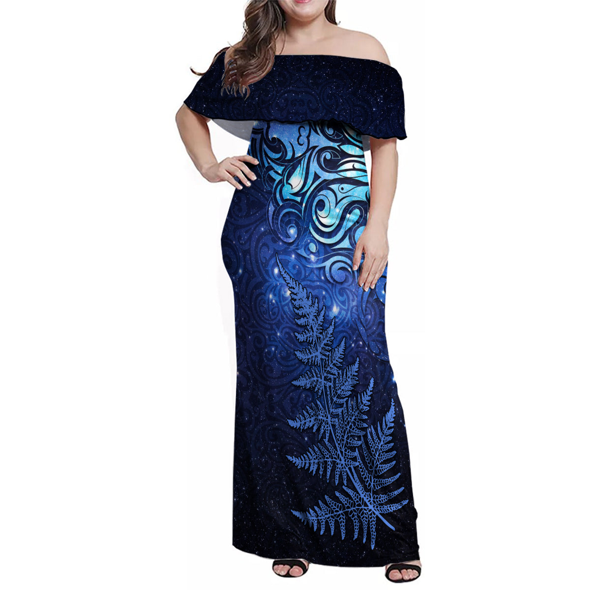 New Zealand Matariki Family Matching Off Shoulder Maxi Dress and Hawaiian Shirt Maori Pattern and Silver Fern LT03 Mom's Dress Blue - Polynesian Pride