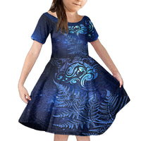 New Zealand Matariki Family Matching Off Shoulder Short Dress and Hawaiian Shirt Maori Pattern and Silver Fern LT03 Daughter's Dress Blue - Polynesian Pride