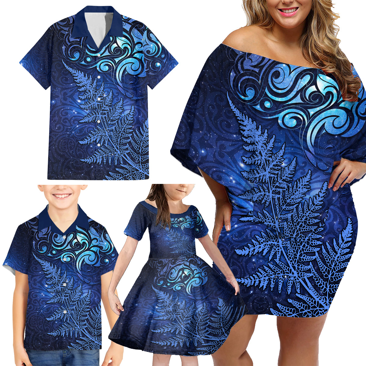 New Zealand Matariki Family Matching Off Shoulder Short Dress and Hawaiian Shirt Maori Pattern and Silver Fern LT03 - Polynesian Pride