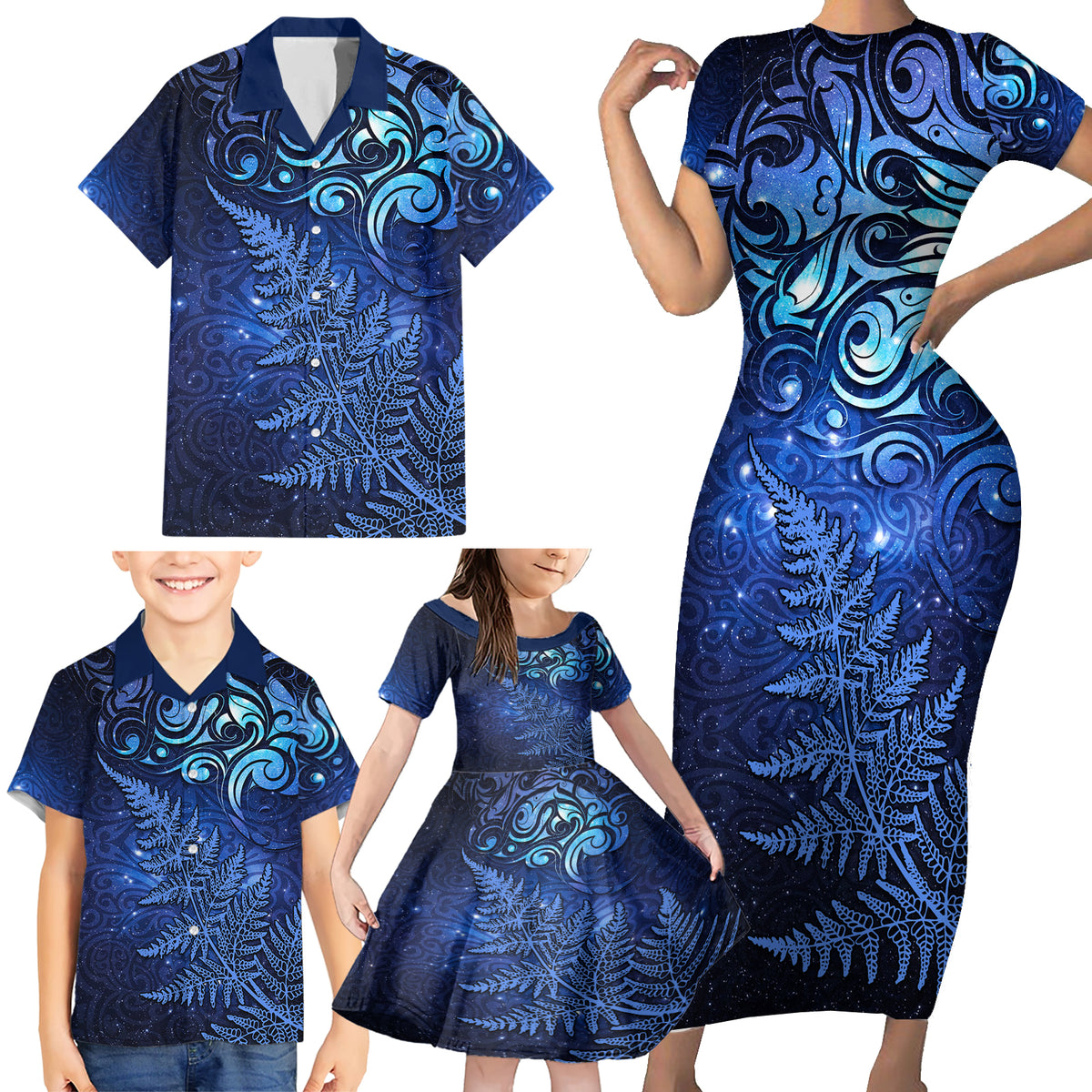 New Zealand Matariki Family Matching Short Sleeve Bodycon Dress and Hawaiian Shirt Maori Pattern and Silver Fern LT03 - Polynesian Pride