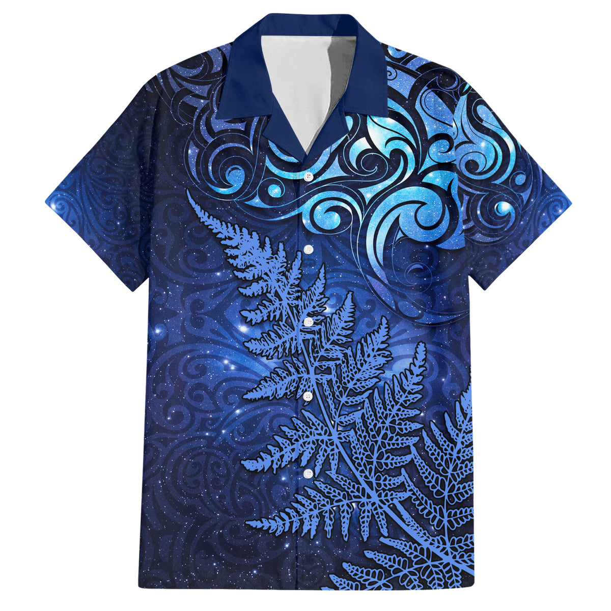 New Zealand Matariki Family Matching Short Sleeve Bodycon Dress and Hawaiian Shirt Maori Pattern and Silver Fern LT03 Dad's Shirt - Short Sleeve Blue - Polynesian Pride