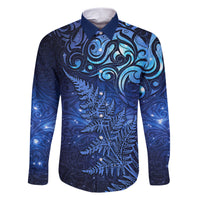 New Zealand Matariki Family Matching Short Sleeve Bodycon Dress and Hawaiian Shirt Maori Pattern and Silver Fern LT03 Dad's Shirt - Long Sleeve Blue - Polynesian Pride