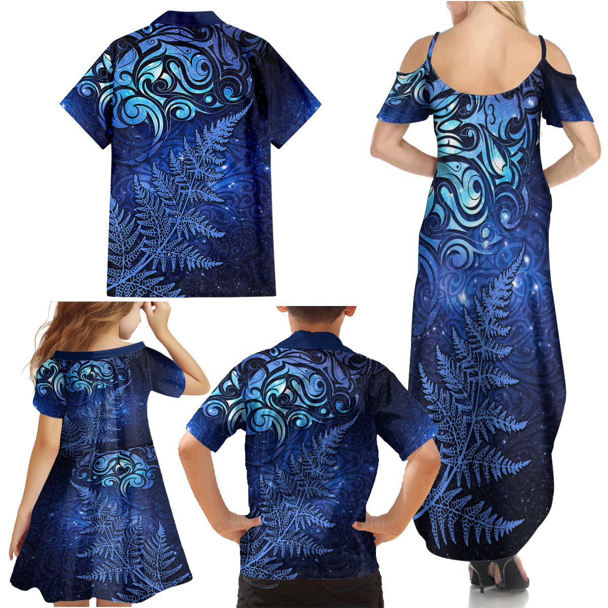 New Zealand Matariki Family Matching Summer Maxi Dress and Hawaiian Shirt Maori Pattern and Silver Fern LT03 - Polynesian Pride