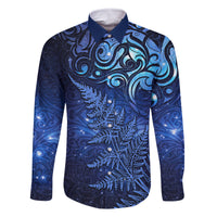 New Zealand Matariki Family Matching Summer Maxi Dress and Hawaiian Shirt Maori Pattern and Silver Fern LT03 Dad's Shirt - Long Sleeve Blue - Polynesian Pride