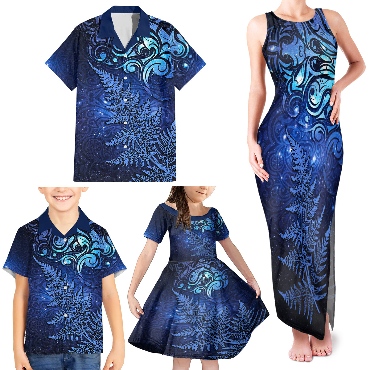 New Zealand Matariki Family Matching Tank Maxi Dress and Hawaiian Shirt Maori Pattern and Silver Fern LT03 - Polynesian Pride