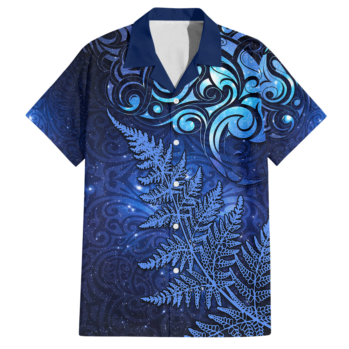 New Zealand Matariki Family Matching Tank Maxi Dress and Hawaiian Shirt Maori Pattern and Silver Fern LT03 Dad's Shirt - Short Sleeve Blue - Polynesian Pride