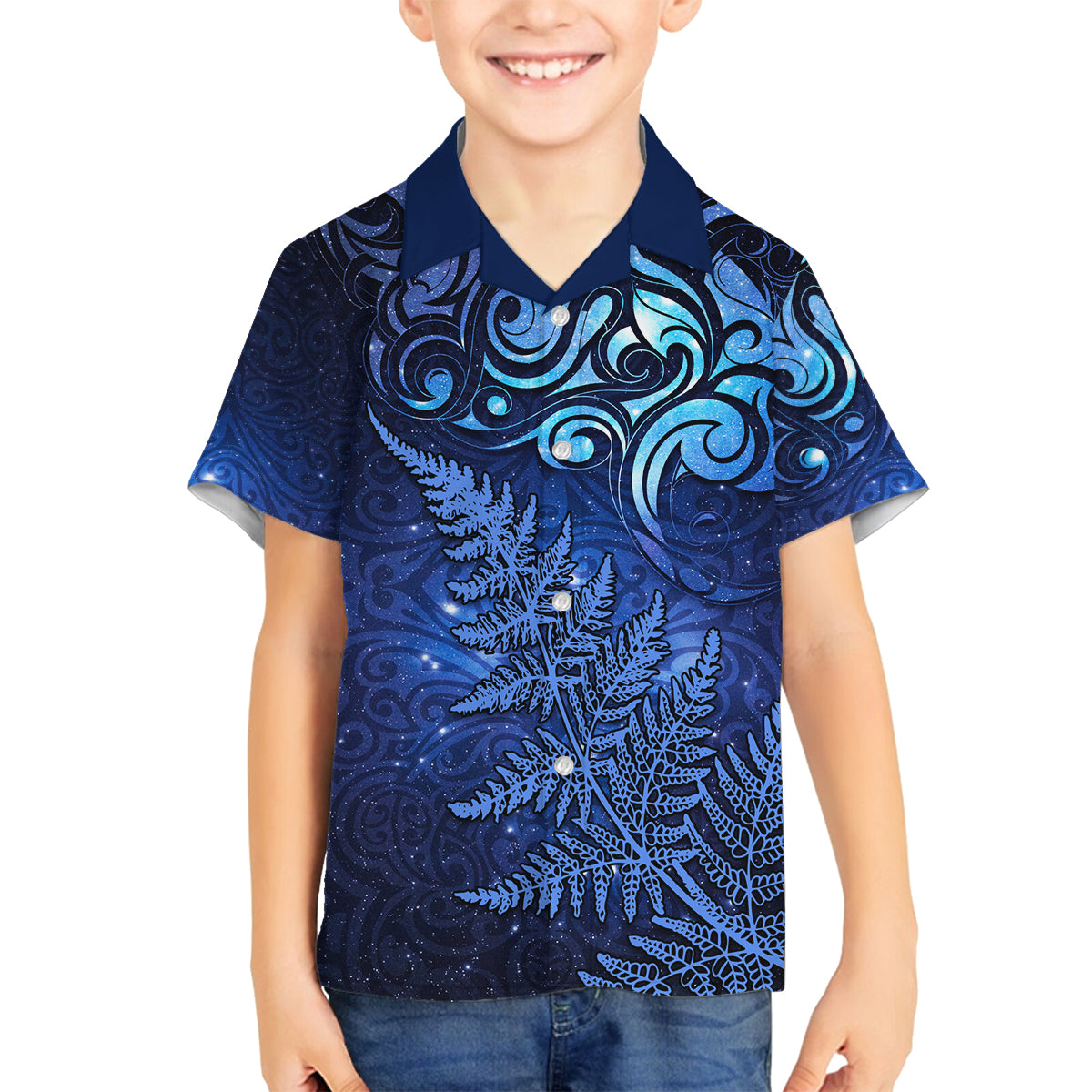 New Zealand Matariki Family Matching Tank Maxi Dress and Hawaiian Shirt Maori Pattern and Silver Fern LT03 Son's Shirt Blue - Polynesian Pride