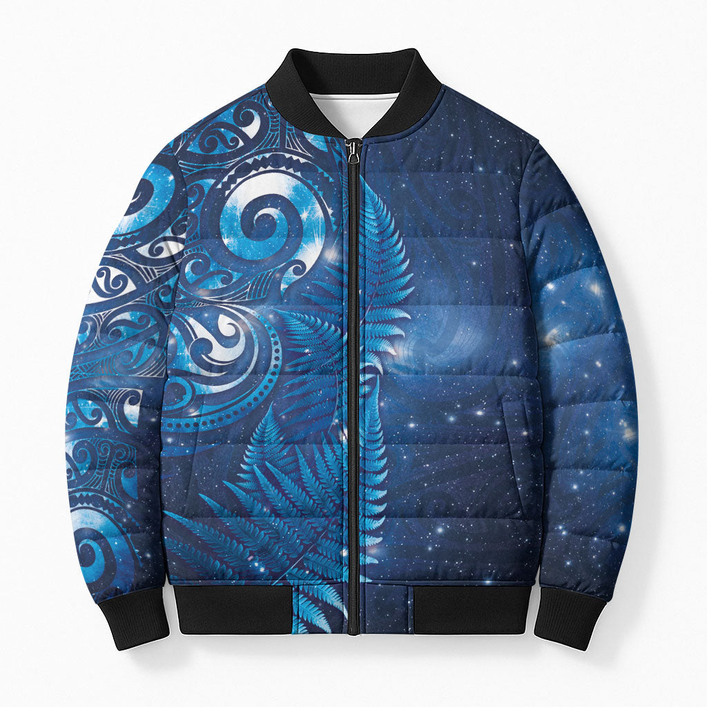 Aotearoa New Zealand New Year Bomber Puffer Jacket Tribal Koru Tattoo Blue Galaxy Maori Silver Fern LT03 Unisex Blue - Polynesian Pride