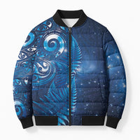 Aotearoa New Zealand New Year Bomber Puffer Jacket Tribal Koru Tattoo Blue Galaxy Maori Silver Fern LT03 Unisex Blue - Polynesian Pride