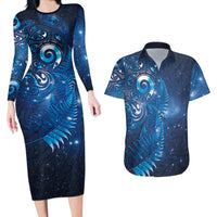 Aotearoa New Zealand New Year Couples Matching Long Sleeve Bodycon Dress and Hawaiian Shirt Tribal Koru Tattoo Blue Galaxy Maori Silver Fern LT03 Blue - Polynesian Pride