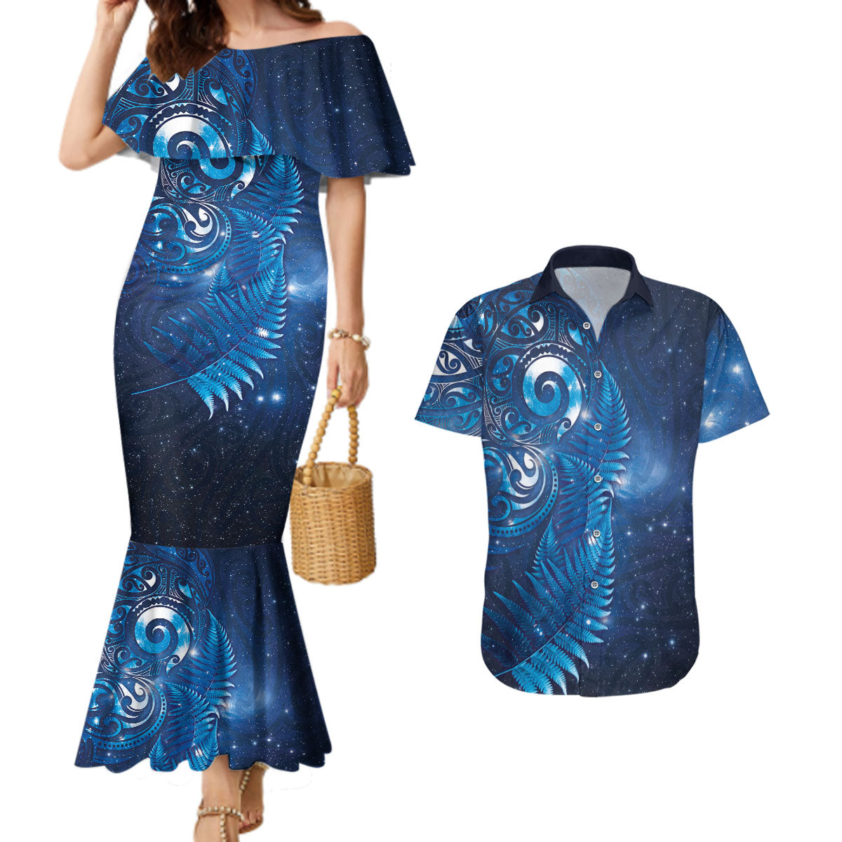 Aotearoa New Zealand New Year Couples Matching Mermaid Dress and Hawaiian Shirt Tribal Koru Tattoo Blue Galaxy Maori Silver Fern LT03 Blue - Polynesian Pride