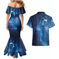 Aotearoa New Zealand New Year Couples Matching Mermaid Dress and Hawaiian Shirt Tribal Koru Tattoo Blue Galaxy Maori Silver Fern LT03 - Polynesian Pride
