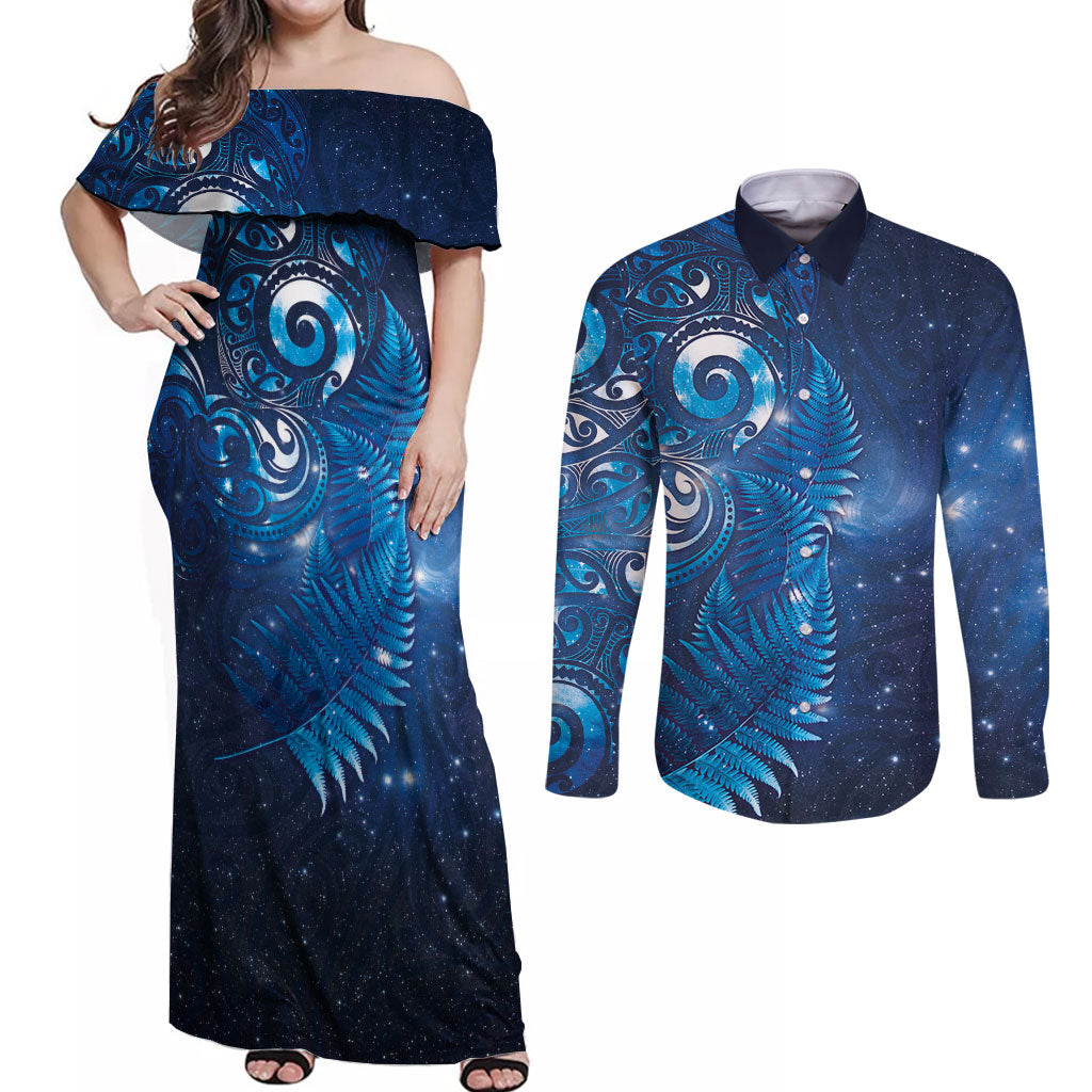Aotearoa New Zealand New Year Couples Matching Off Shoulder Maxi Dress and Long Sleeve Button Shirt Tribal Koru Tattoo Blue Galaxy Maori Silver Fern