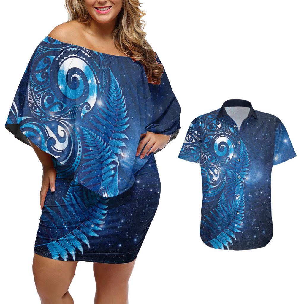 Aotearoa New Zealand New Year Couples Matching Off Shoulder Short Dress and Hawaiian Shirt Tribal Koru Tattoo Blue Galaxy Maori Silver Fern LT03 Blue - Polynesian Pride