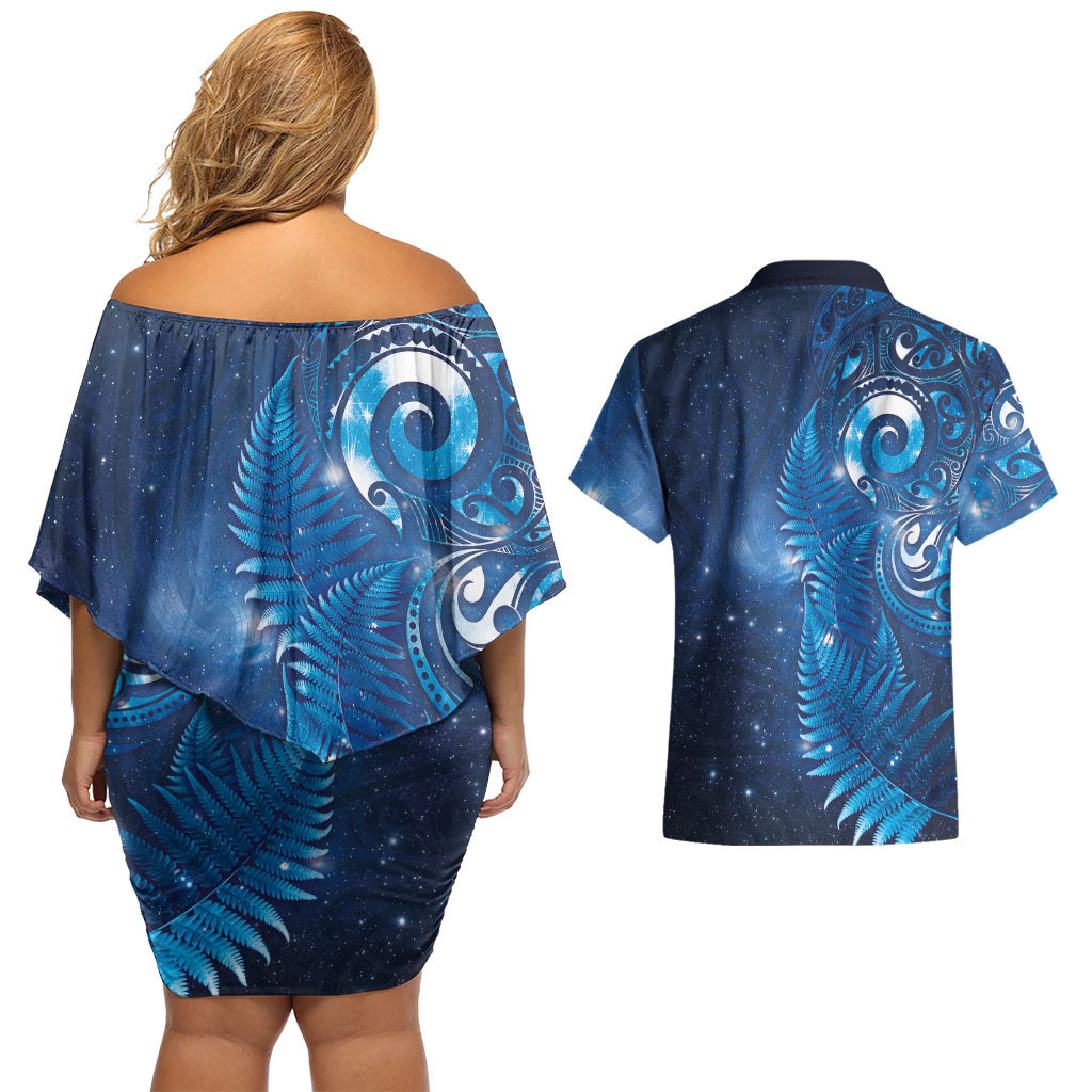 Aotearoa New Zealand New Year Couples Matching Off Shoulder Short Dress and Hawaiian Shirt Tribal Koru Tattoo Blue Galaxy Maori Silver Fern LT03 - Polynesian Pride