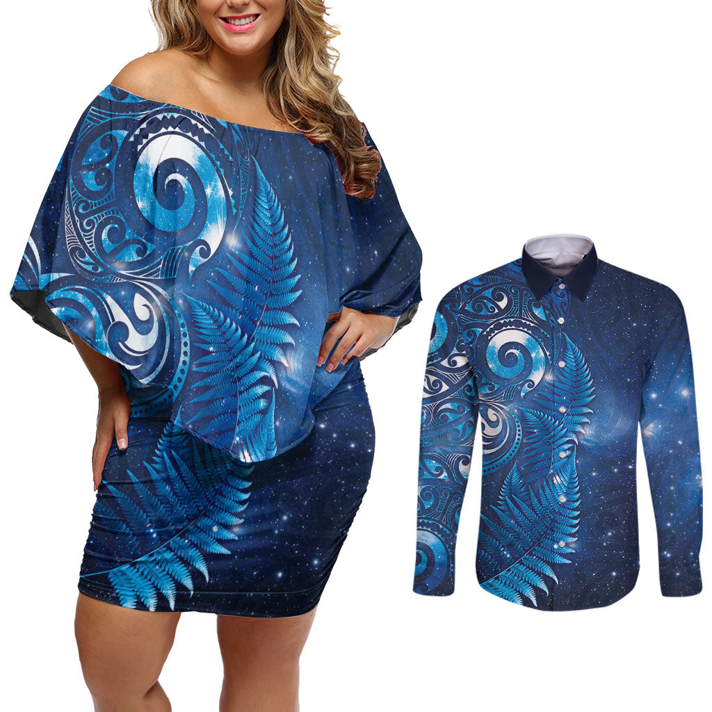 Aotearoa New Zealand New Year Couples Matching Off Shoulder Short Dress and Long Sleeve Button Shirt Tribal Koru Tattoo Blue Galaxy Maori Silver Fern LT03 Blue - Polynesian Pride