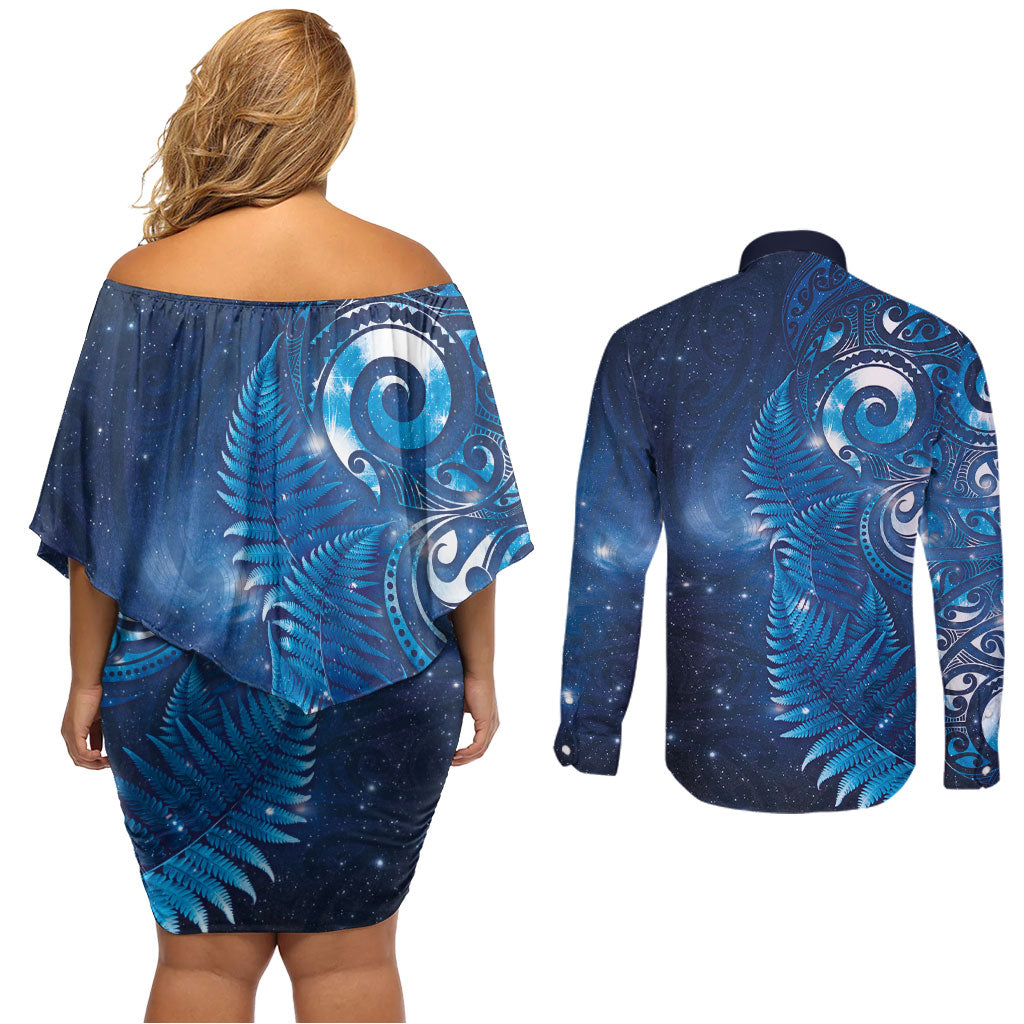 Aotearoa New Zealand New Year Couples Matching Off Shoulder Short Dress and Long Sleeve Button Shirt Tribal Koru Tattoo Blue Galaxy Maori Silver Fern LT03 - Polynesian Pride