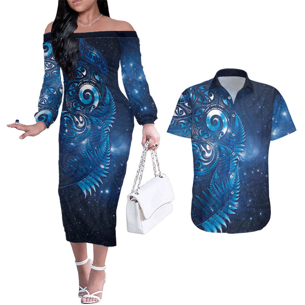Aotearoa New Zealand New Year Couples Matching Off The Shoulder Long Sleeve Dress and Hawaiian Shirt Tribal Koru Tattoo Blue Galaxy Maori Silver Fern