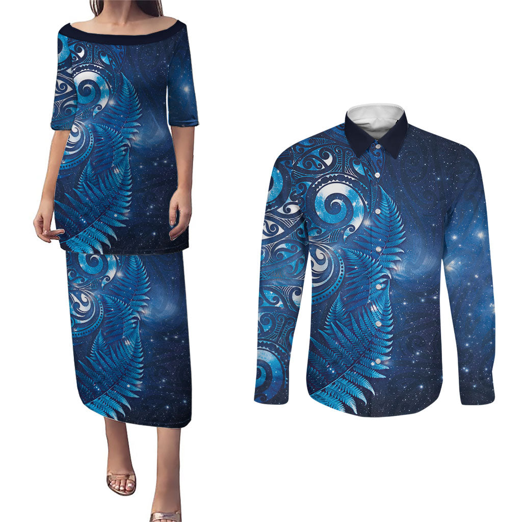 Aotearoa New Zealand New Year Couples Matching Puletasi and Long Sleeve Button Shirt Tribal Koru Tattoo Blue Galaxy Maori Silver Fern LT03 Blue - Polynesian Pride