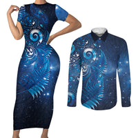 Aotearoa New Zealand New Year Couples Matching Short Sleeve Bodycon Dress and Long Sleeve Button Shirt Tribal Koru Tattoo Blue Galaxy Maori Silver Fern LT03 Blue - Polynesian Pride