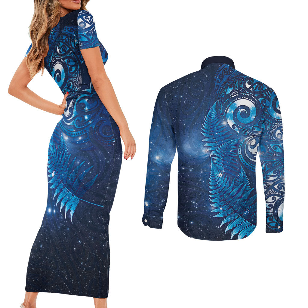 Aotearoa New Zealand New Year Couples Matching Short Sleeve Bodycon Dress and Long Sleeve Button Shirt Tribal Koru Tattoo Blue Galaxy Maori Silver Fern LT03 - Polynesian Pride