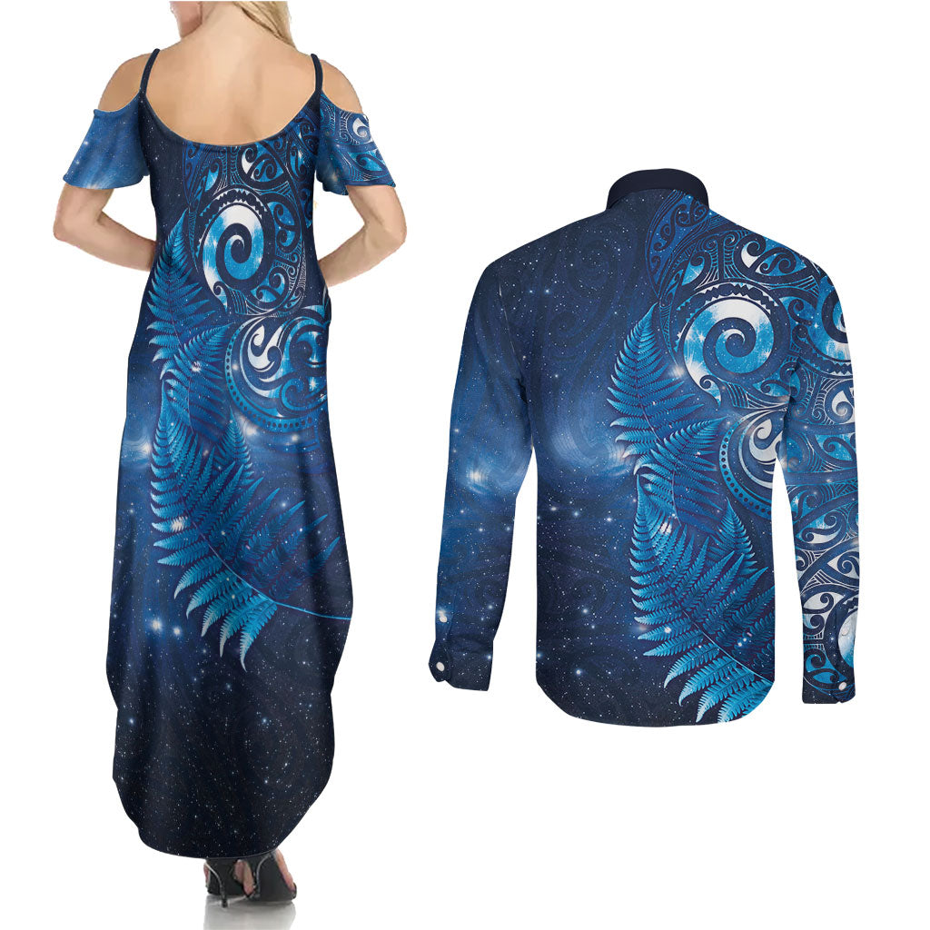 Aotearoa New Zealand New Year Couples Matching Summer Maxi Dress and Long Sleeve Button Shirt Tribal Koru Tattoo Blue Galaxy Maori Silver Fern LT03 - Polynesian Pride