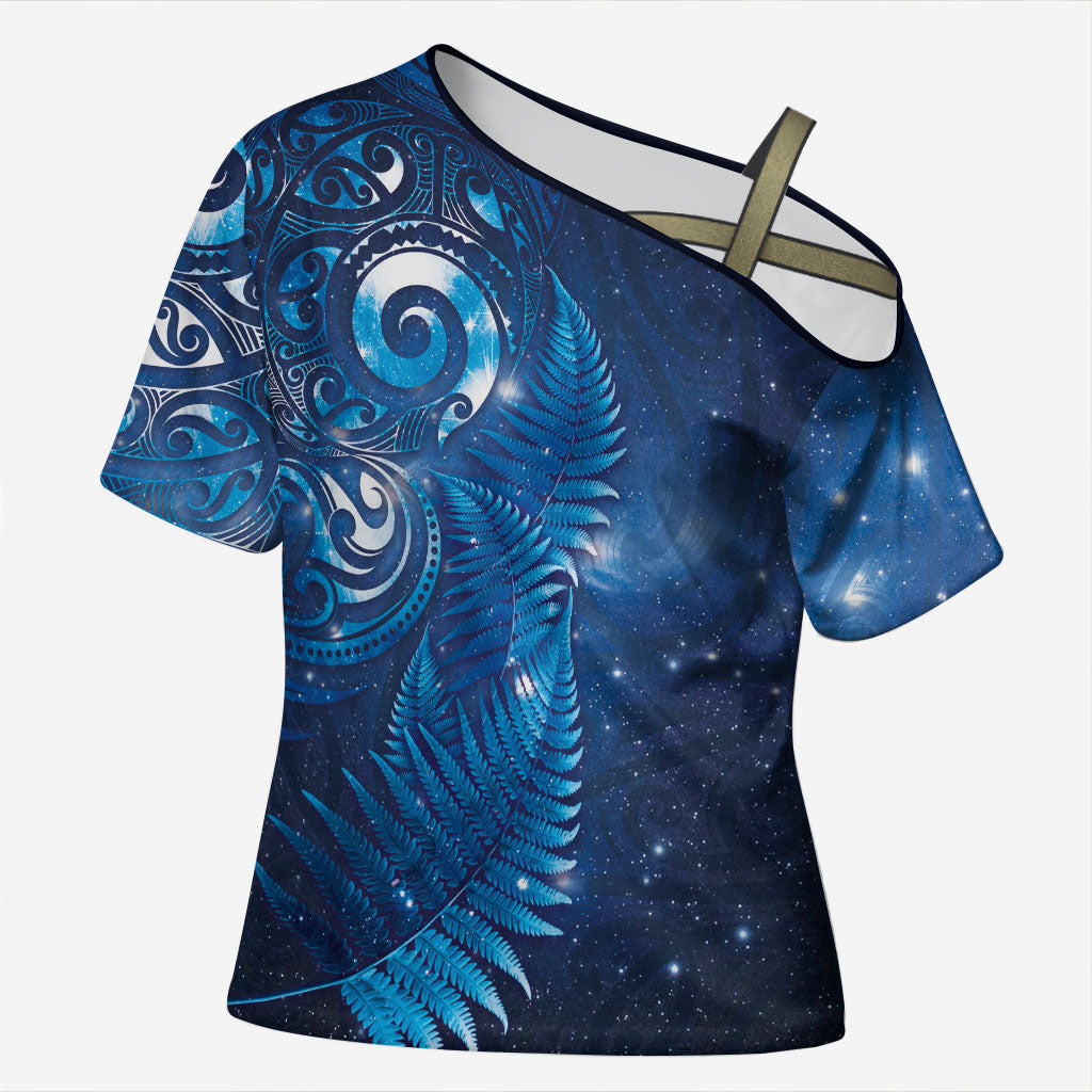 Aotearoa New Zealand New Year Cross Shoulder Shirt Tribal Koru Tattoo Blue Galaxy Maori Silver Fern