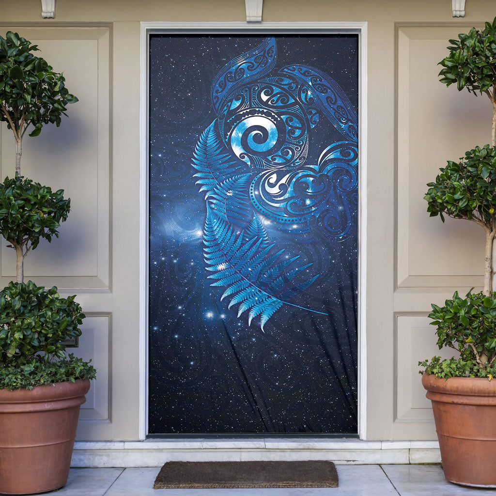 Aotearoa New Zealand New Year Door Cover Tribal Koru Tattoo Blue Galaxy Maori Silver Fern LT03 Blue - Polynesian Pride