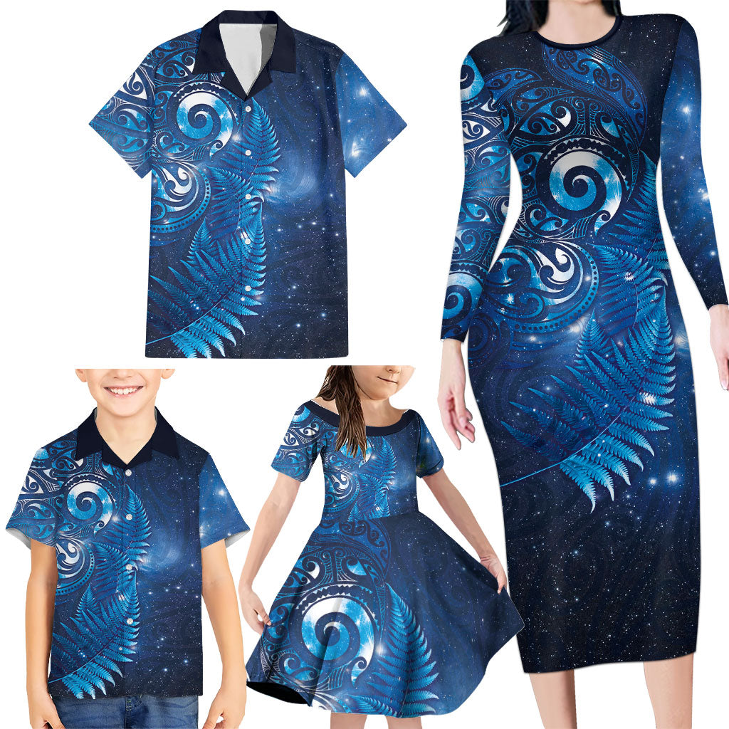 Aotearoa New Zealand New Year Family Matching Long Sleeve Bodycon Dress and Hawaiian Shirt Tribal Koru Tattoo Blue Galaxy Maori Silver Fern LT03 - Polynesian Pride
