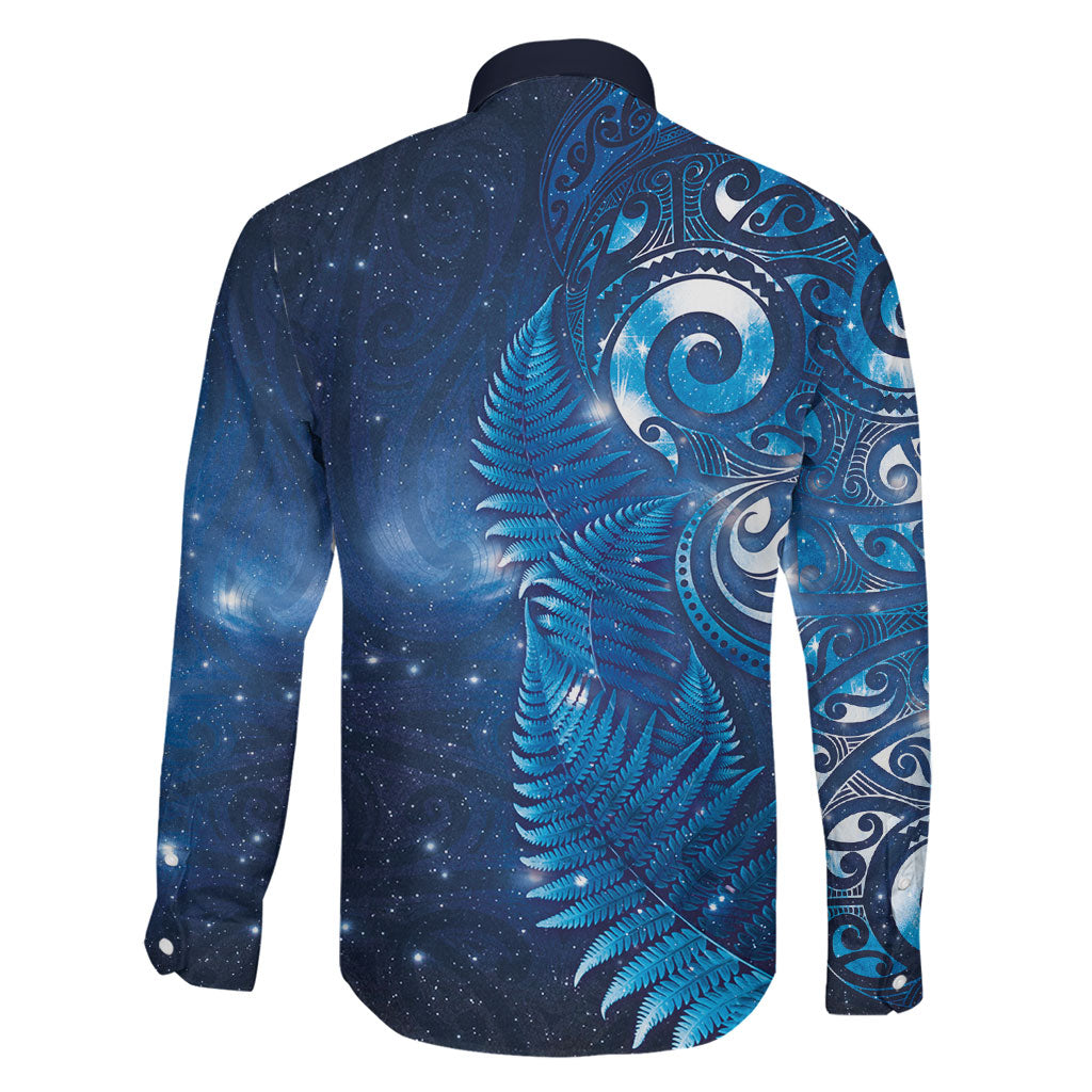 Aotearoa New Zealand New Year Family Matching Long Sleeve Bodycon Dress and Hawaiian Shirt Tribal Koru Tattoo Blue Galaxy Maori Silver Fern LT03 - Polynesian Pride