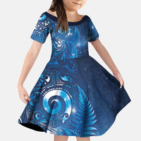 Aotearoa New Zealand New Year Family Matching Mermaid Dress and Hawaiian Shirt Tribal Koru Tattoo Blue Galaxy Maori Silver Fern LT03 Daughter's Dress Blue - Polynesian Pride