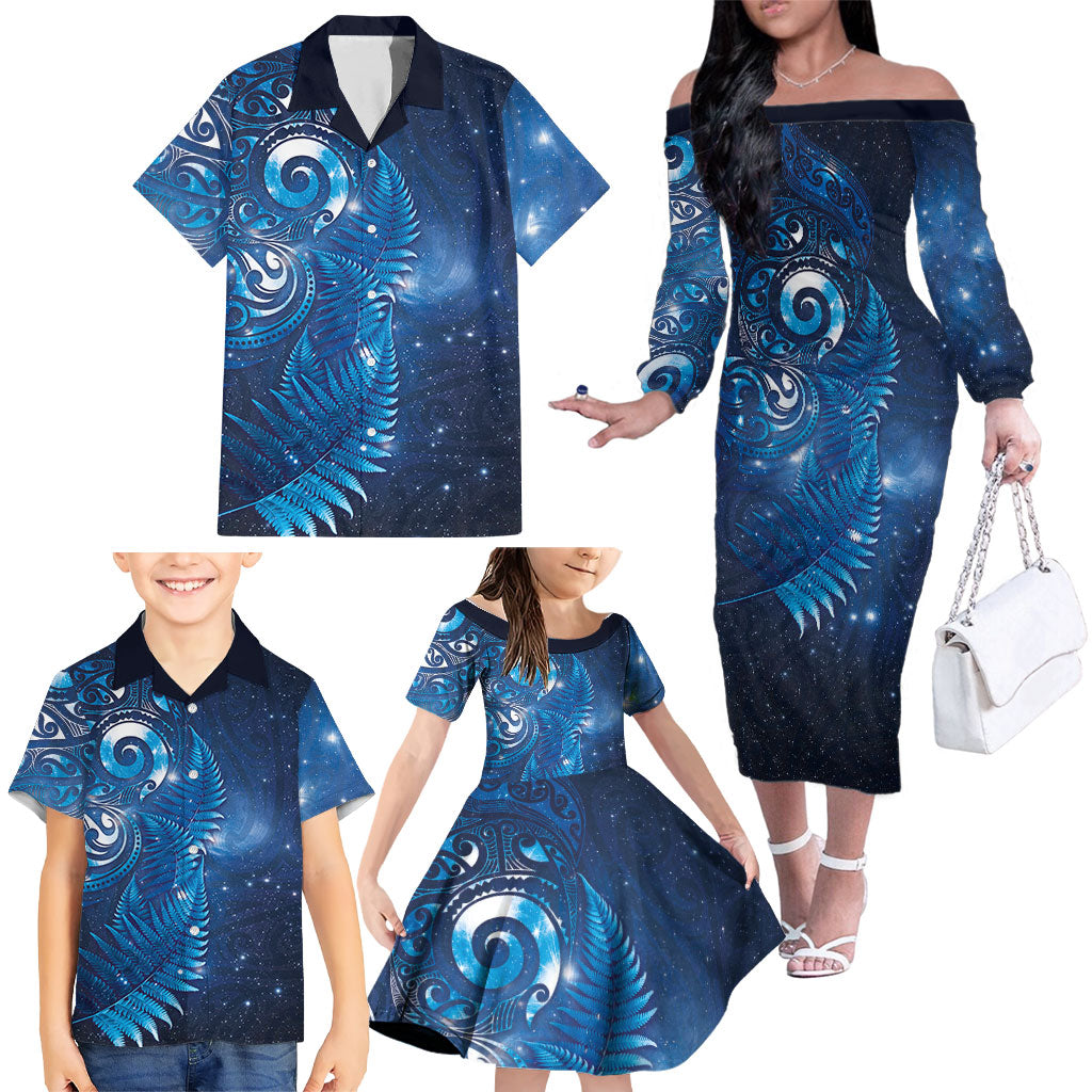 Aotearoa New Zealand New Year Family Matching Off The Shoulder Long Sleeve Dress and Hawaiian Shirt Tribal Koru Tattoo Blue Galaxy Maori Silver Fern LT03 - Polynesian Pride