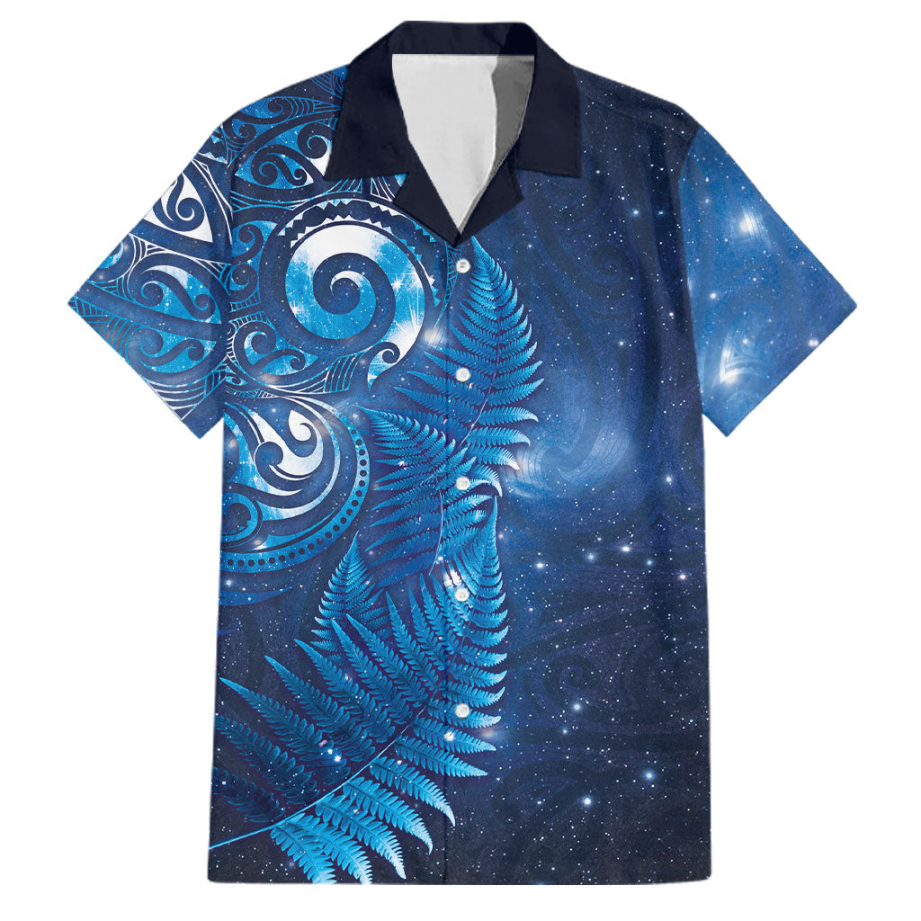 Aotearoa New Zealand New Year Family Matching Off The Shoulder Long Sleeve Dress and Hawaiian Shirt Tribal Koru Tattoo Blue Galaxy Maori Silver Fern LT03 Dad's Shirt - Short Sleeve Blue - Polynesian Pride