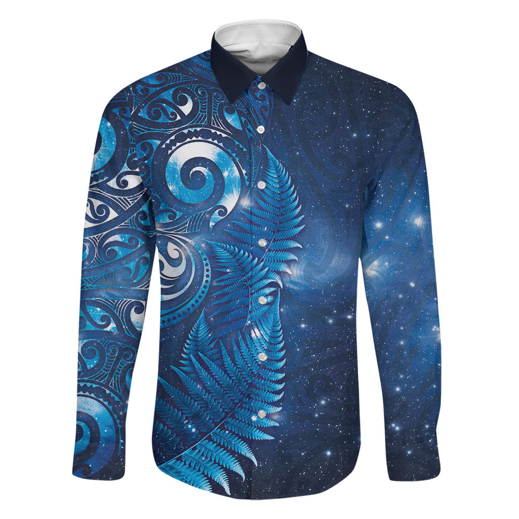 Aotearoa New Zealand New Year Family Matching Off The Shoulder Long Sleeve Dress and Hawaiian Shirt Tribal Koru Tattoo Blue Galaxy Maori Silver Fern LT03 Dad's Shirt - Long Sleeve Blue - Polynesian Pride