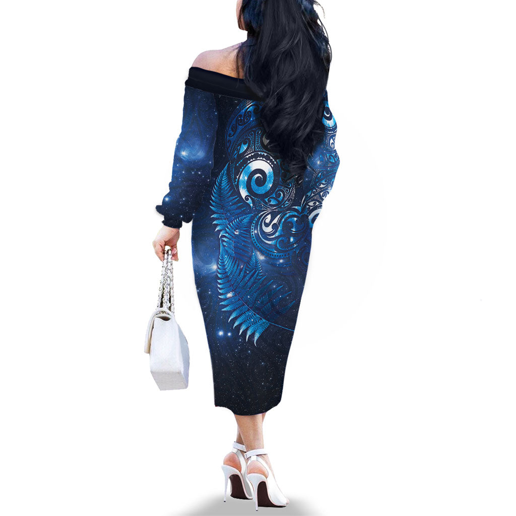 Aotearoa New Zealand New Year Family Matching Off The Shoulder Long Sleeve Dress and Hawaiian Shirt Tribal Koru Tattoo Blue Galaxy Maori Silver Fern LT03 - Polynesian Pride