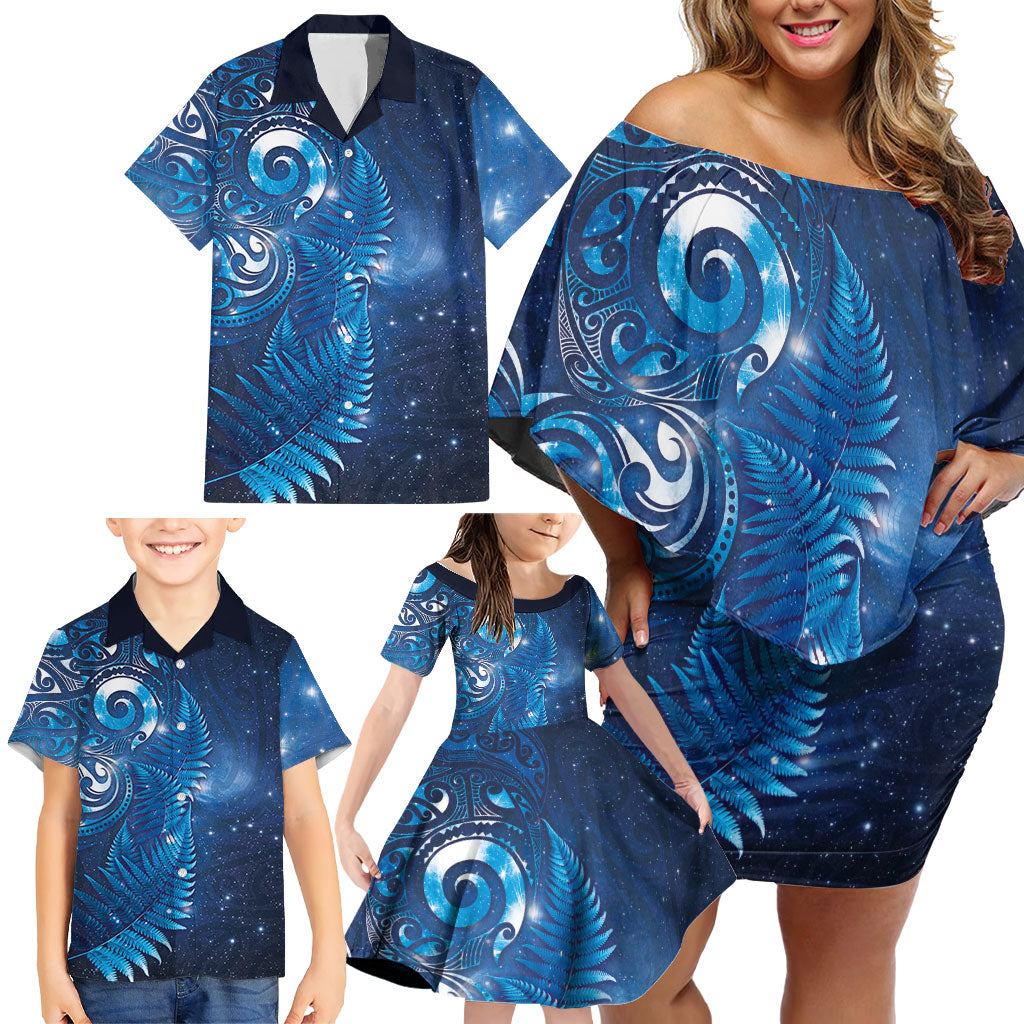 Aotearoa New Zealand New Year Family Matching Off Shoulder Short Dress and Hawaiian Shirt Tribal Koru Tattoo Blue Galaxy Maori Silver Fern LT03 - Polynesian Pride