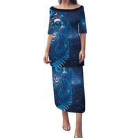 Aotearoa New Zealand New Year Family Matching Puletasi and Hawaiian Shirt Tribal Koru Tattoo Blue Galaxy Maori Silver Fern LT03 Mom's Dress Blue - Polynesian Pride