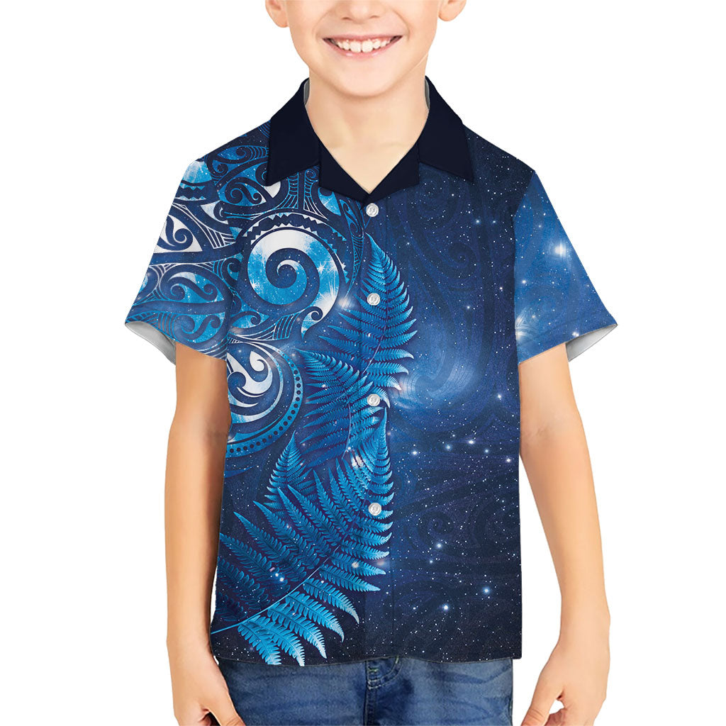 Aotearoa New Zealand New Year Family Matching Puletasi and Hawaiian Shirt Tribal Koru Tattoo Blue Galaxy Maori Silver Fern LT03 Son's Shirt Blue - Polynesian Pride